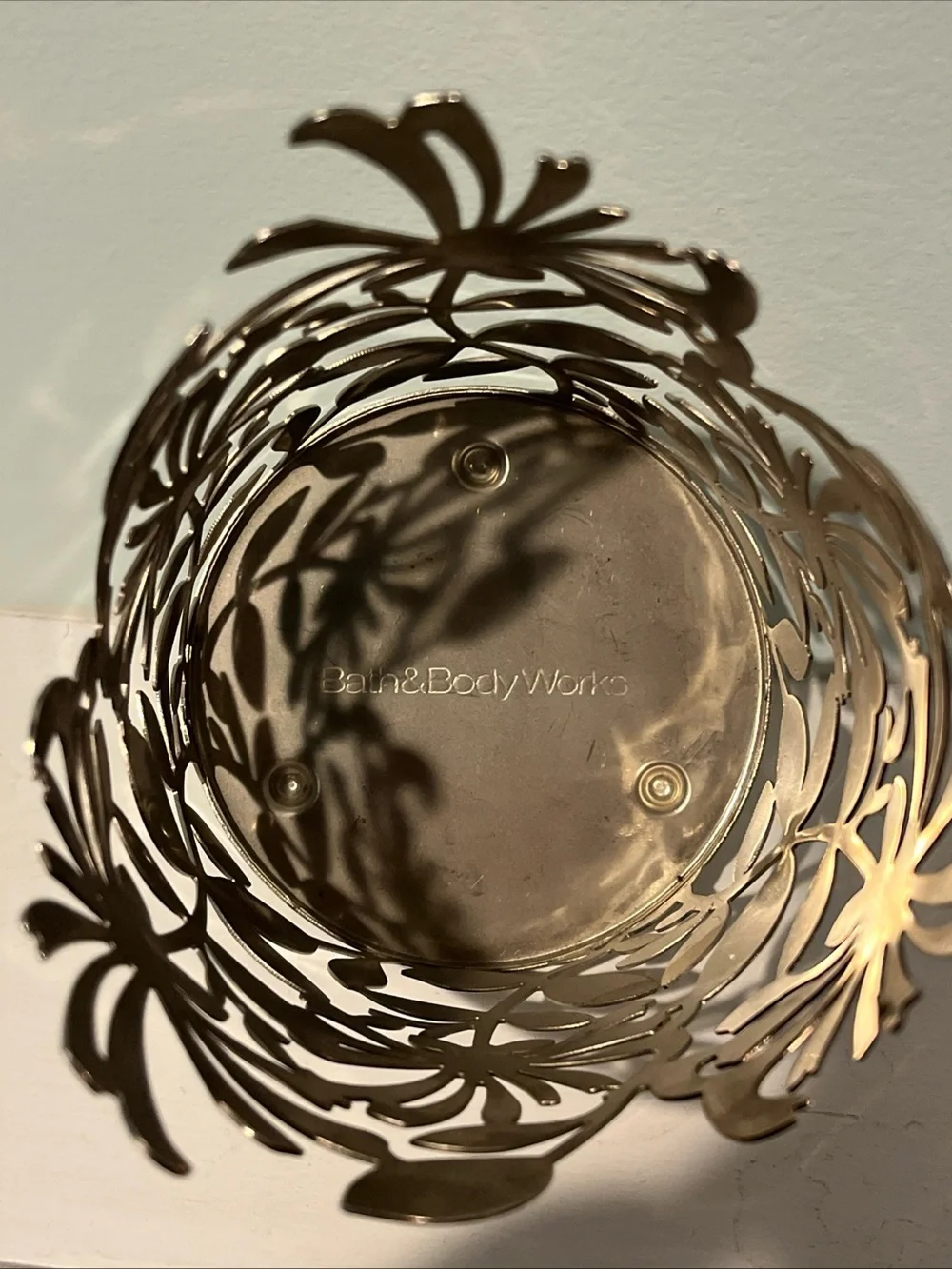 Bath & Body Works Round Silver 3-Wick Floral Flower Candle Holder - 6” Tall